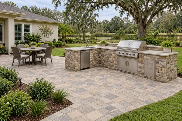 L-shaped outdoor kitchen with a built-in grill and sink on a paver patio beside a separate dining area.