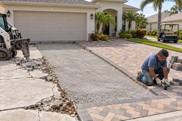 Worker installing driveway pavers beside a prepared gravel base and cracked concrete being removed.